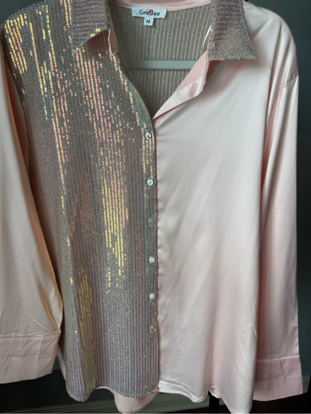 GeeGee Pink Sequin-Front Button-Up Blouse - Picture 1 of 4